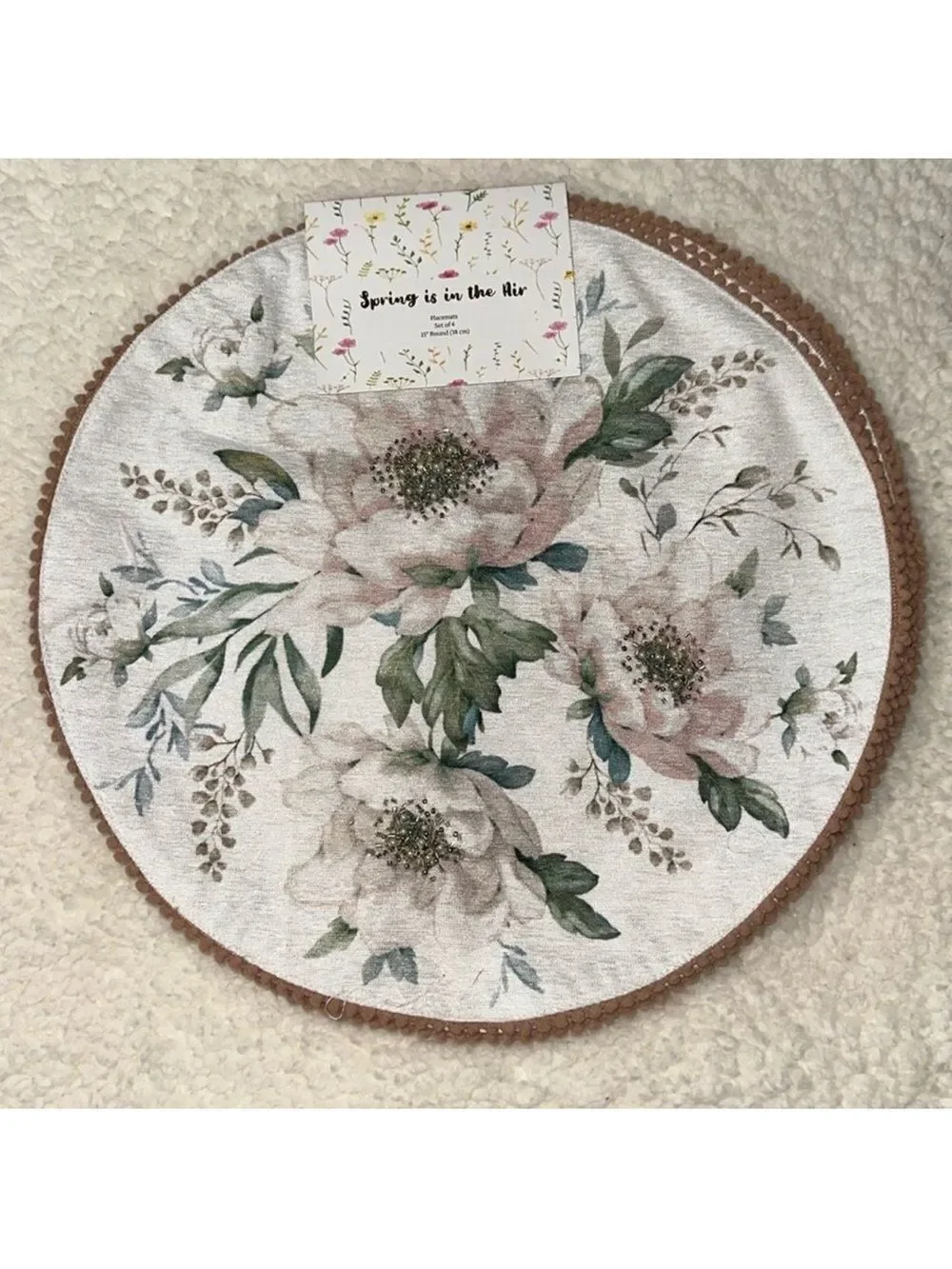 Set of 4 Spring is in the Air White Green Tan Floral Round Beaded Place Mats